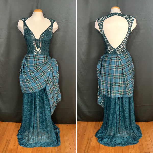 NEW GREEN PLAID WITH LACE FORMAL DRESS