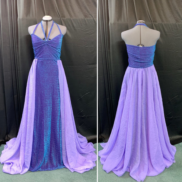 PURPLE AND BLUE IREDESCENT PROM DRESS WITH REMOVABLE CHIFFON OVER SKIRT